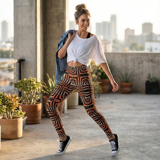 Leggings Motif géométrique tendance Orange & Noir Op Art