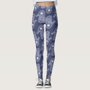 Leggings Motif main de hamsa bleu et blanc / défense oculai