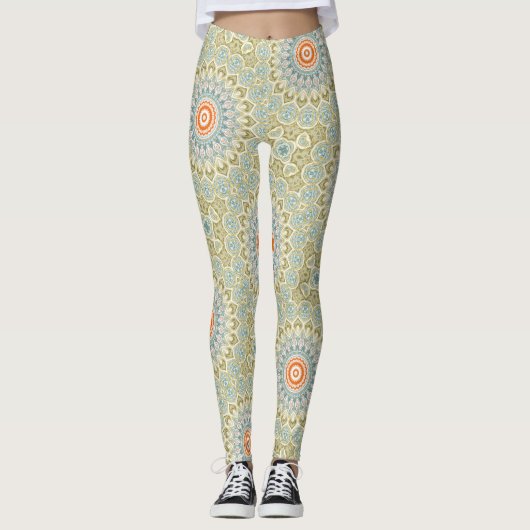 Leggings Motif Mandala orange et Turquoise avec accents or (Devant)