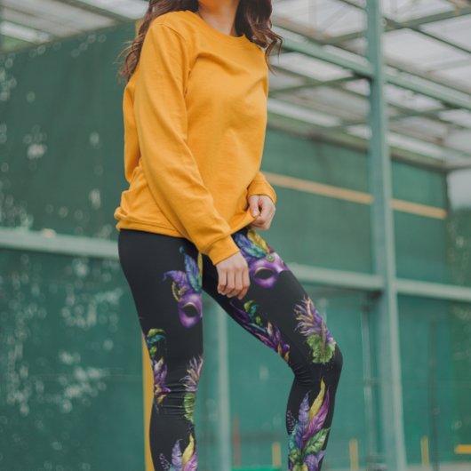 Leggings Motif Mardi Gras Masque Feuilles Aquarelle