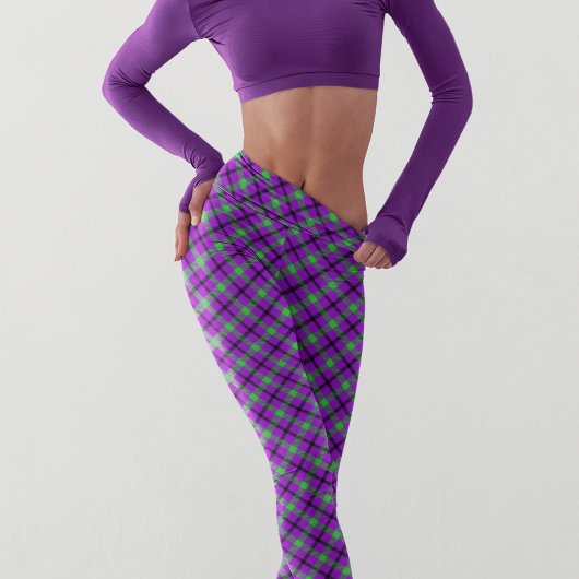 Leggings Motif moderne Tartan vert violet d'Halloween