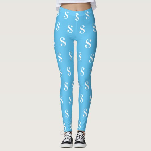 Leggings Motif Monogramme blanc sur bleu clair (Devant)