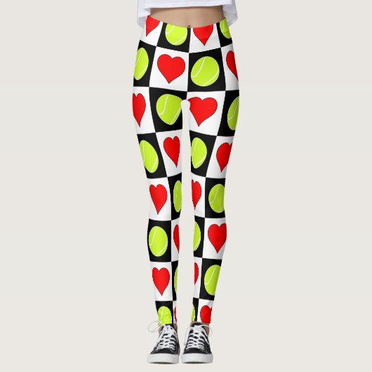 Leggings Motif noir & blanc de balle de tennis & Coeur Chec (Devant)