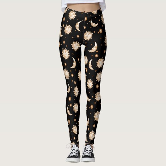 Leggings Motif noir céleste de soleil et de lune (Devant)