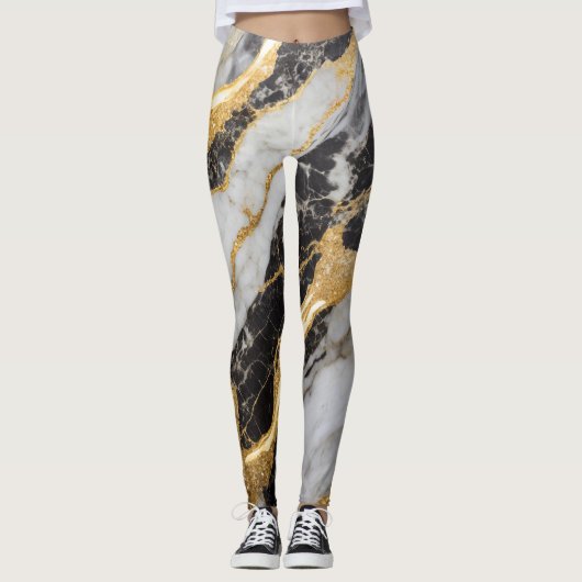 Leggings Motif noir et Marbre blanc avec or (Devant)