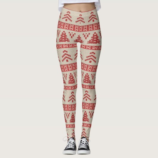 Leggings Motif nordique rouge de chandail de Knit d'arbre (Devant)