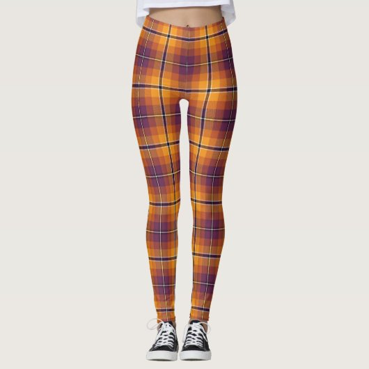 Leggings Motif Plaid Halloween orange et violet (Devant)