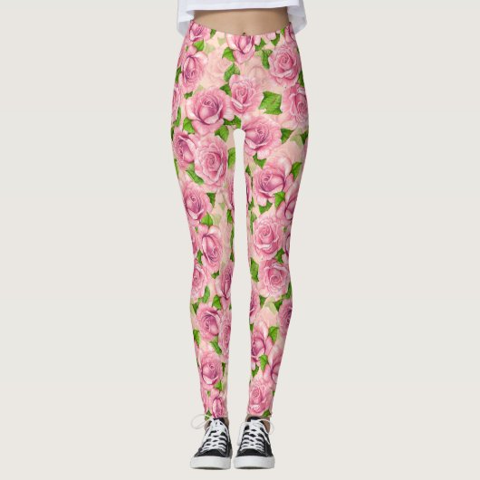Leggings Motif rose d'aquarelle rose (Devant)