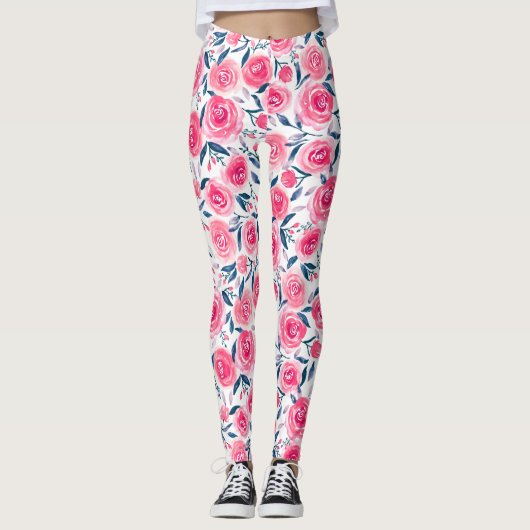 Leggings Motif Rose d'aquarelle rose (Devant)