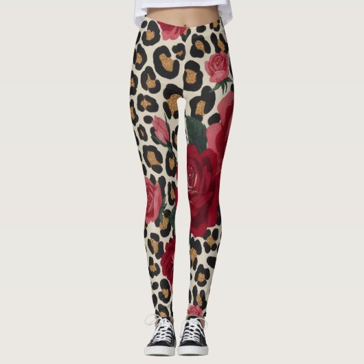 Leggings Motif Roses Rouges Léopard (Devant)