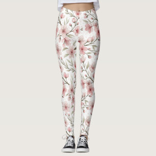 Leggings Motif Sakura en fleurs de cerises roses sur blanc