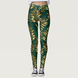 Leggings Motif sans couture avec des fougères dorées