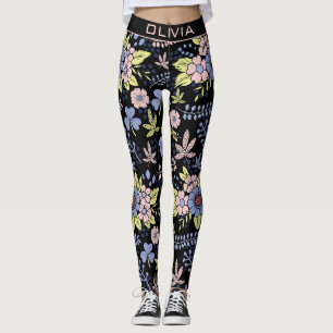 Leggings Motif sans couture fleurie colorée avec nom