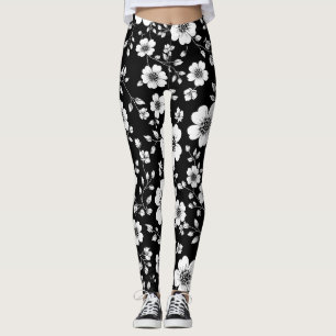 Leggings Motif sans couture floral vintage noir et blanc (1