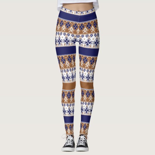 Leggings Motif scandinave rayé brun bleu (Devant)