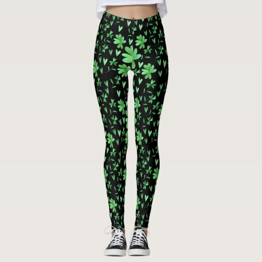 Leggings Motif Shamrock irlandais | Vert et noir (Devant)