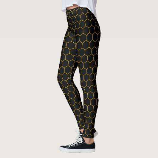 Leggings Motif simple et élégant en nid d'abeille noir jaun (Gauche)