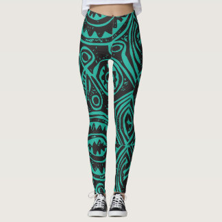 Leggings Motif Tiki Polynésien Noir et Vert