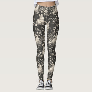 Leggings Motif Toile de Grandmillennial Lapin Noir