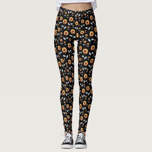 Leggings Motif Tournesol En Noir (Devant)