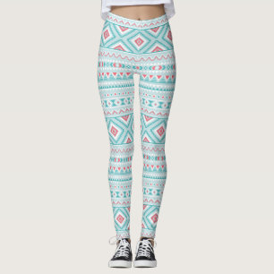 Leggings Motif tribal aztèque turquoise et rose