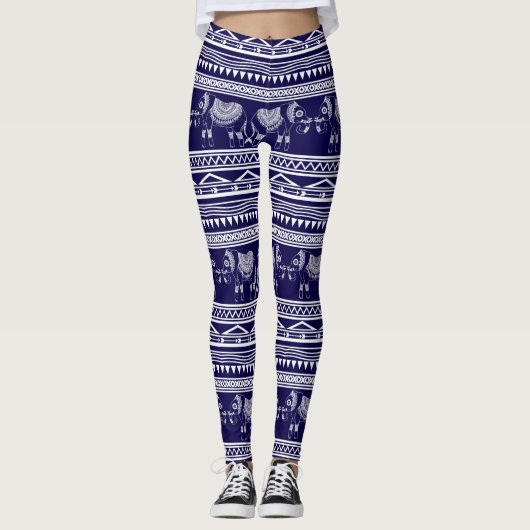 Leggings Motif tribal d'éléphant de blanc et de bleu marine (Devant)