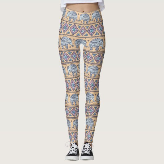 Leggings Motif tribal d'éléphant ethnique bleu (Devant)
