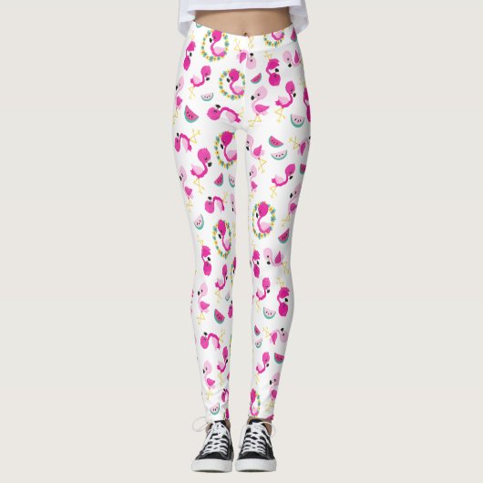 Leggings Motif tropical, Flamants roses, pastèques, Fleurs (Devant)