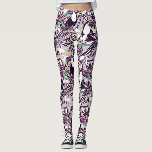 Leggings Motif tropicale avec palmiers et oiseaux. (Devant)