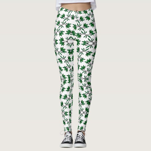 Leggings Motif vert à feuilles sur blanc (Devant)