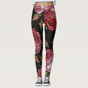 Leggings Motif vintage de broderie de rose rouge