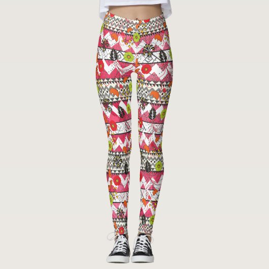 Leggings Motifs aztèques roses et noirs (Devant)