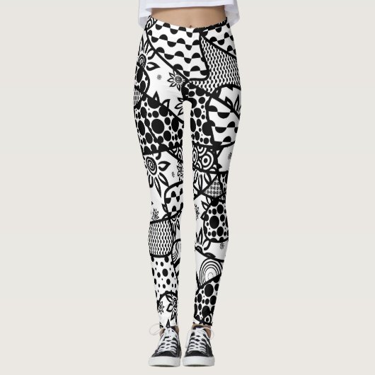 Leggings Motifs fous, uniques, rétros noirs et blancs 3 (Devant)