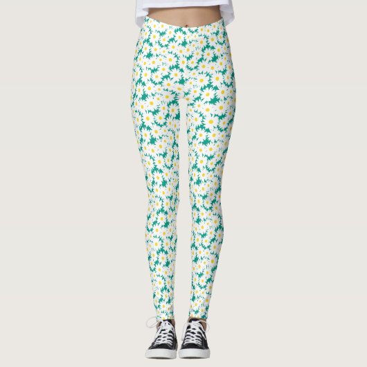 Leggings Négative Space Daisies blanc jaune sur vert (Devant)