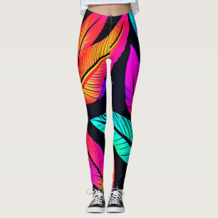 Leggings Neon Feather Motif Art Vibrant