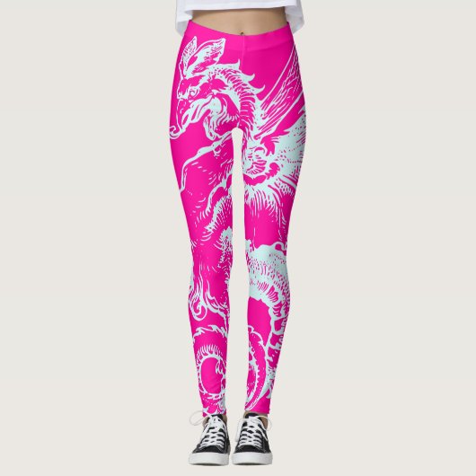 Leggings Neon rose et Turquoise Dragon Motif Athlétisme (Devant)