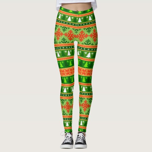 LEGGINGS NOËL ARBRE VERT BLANC ORNAMENTS ROUGES (Devant)