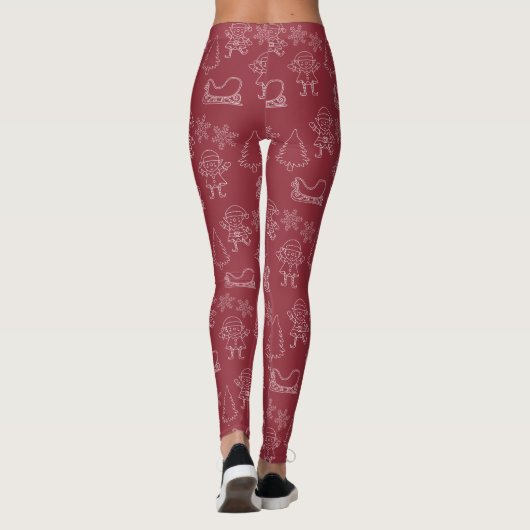 Leggings Noël Doodle Elfes & Snowflakes Dark Red (Dos)