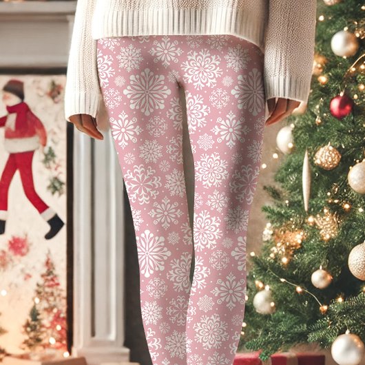 Leggings Noël Motif de flocon de neige rose et blanc