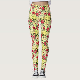 Leggings Noël Motif sans couture avec fleurs rouges