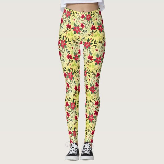 Leggings Noël Motif sans couture avec fleurs rouges (Devant)