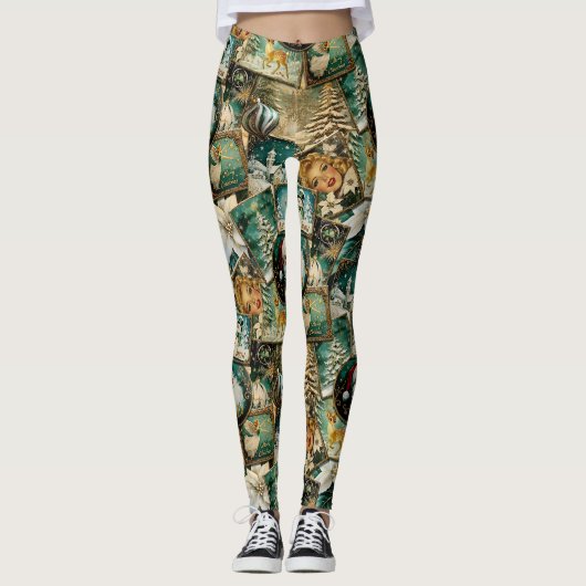 Leggings Noël Rétro Vintage : Collage Vert (Devant)