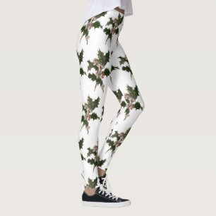 Leggings Noël vintage, plante de houx vert avec des baies