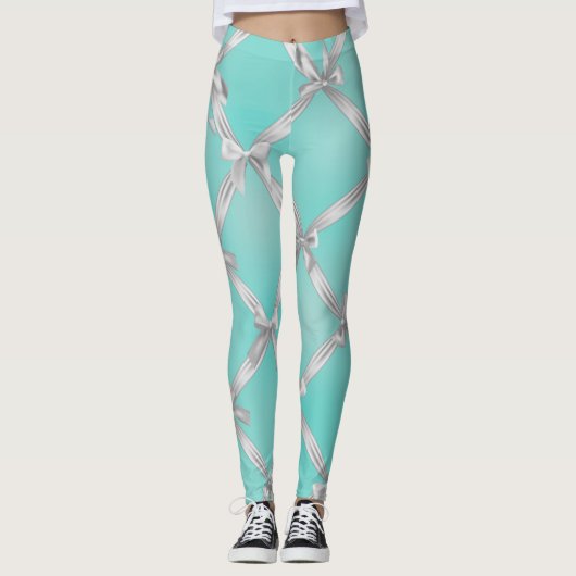 Leggings Nœuds Blancs Bleu Turquoise de Robe de Robin (Devant)