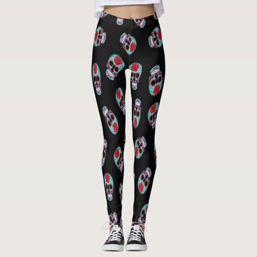 Leggings Noir avec pattes de crâne bleu (Devant)