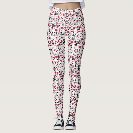 Leggings Noir Blanc Cute Chat Coeur Rouge (Devant)