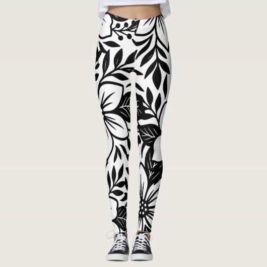 Leggings Noir Blanc Moderne Floral Élégant Fleur Tropicale (Devant)