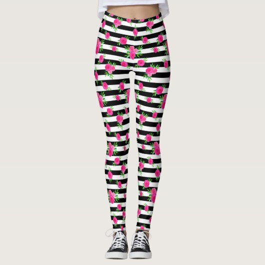 Leggings Noir Blanc rayé Fun Hot rose Aquarelle Floral (Devant)