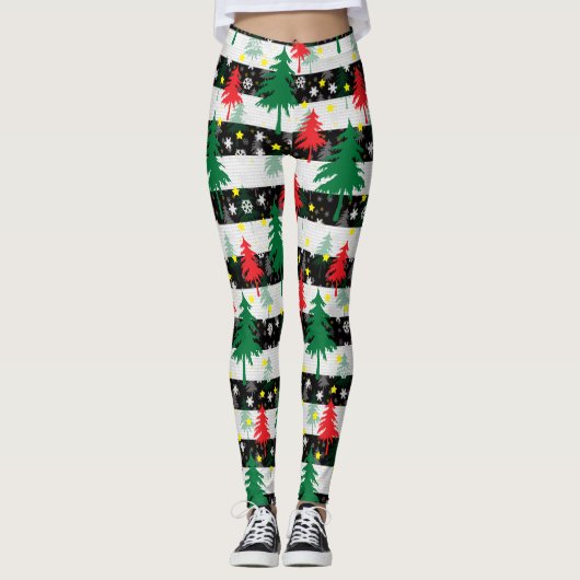 Leggings Noir Blanc Stripes Neiges Rouge Vert Arbres (Devant)