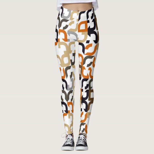 Leggings Noir Brown Beige Orange Midsiècle Art Motif (Devant)